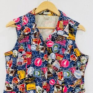 Christopher & Banks Women's Vest Medium Blue Vacation Postage Travel Maximalist